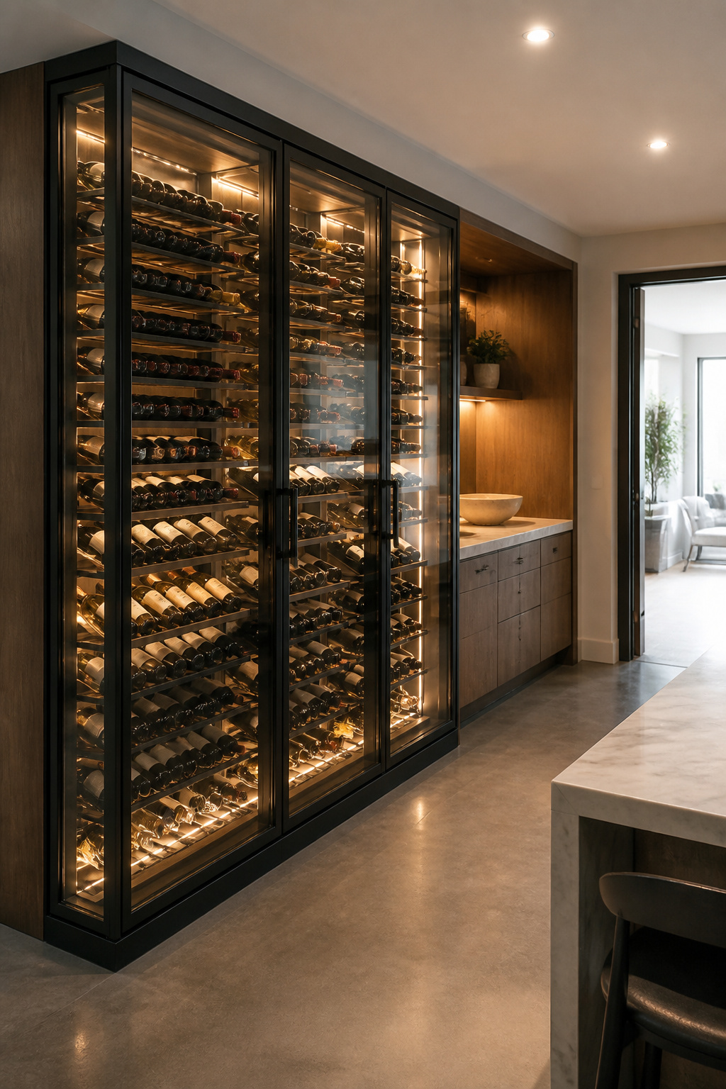 Glass-front wine cellar integrated into a basement kitchen.