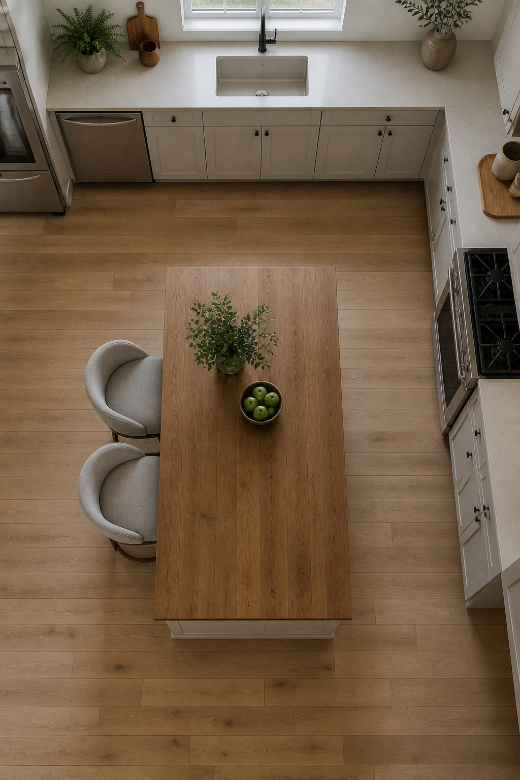 Kitchen island designed for dining in a small basement kitchen.
