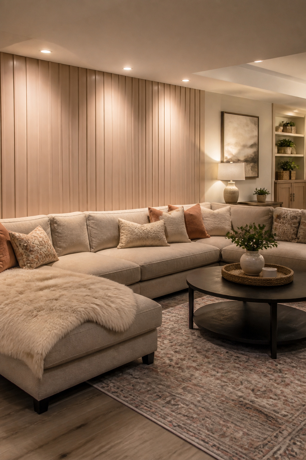 10 Basement Living Room Ideas for a Brighter, Cozier Space in 2026 11 Textured paneling painted in soft hues on a basement wall.