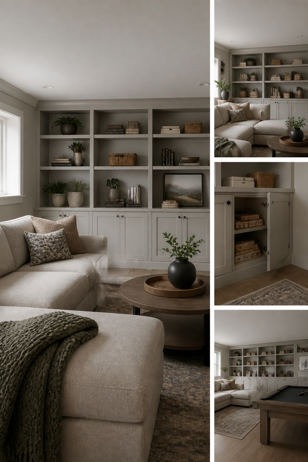 10 Basement Living Room Ideas for a Brighter, Cozier Space in 2026 12 Built-in shelving unit in a basement for storage.