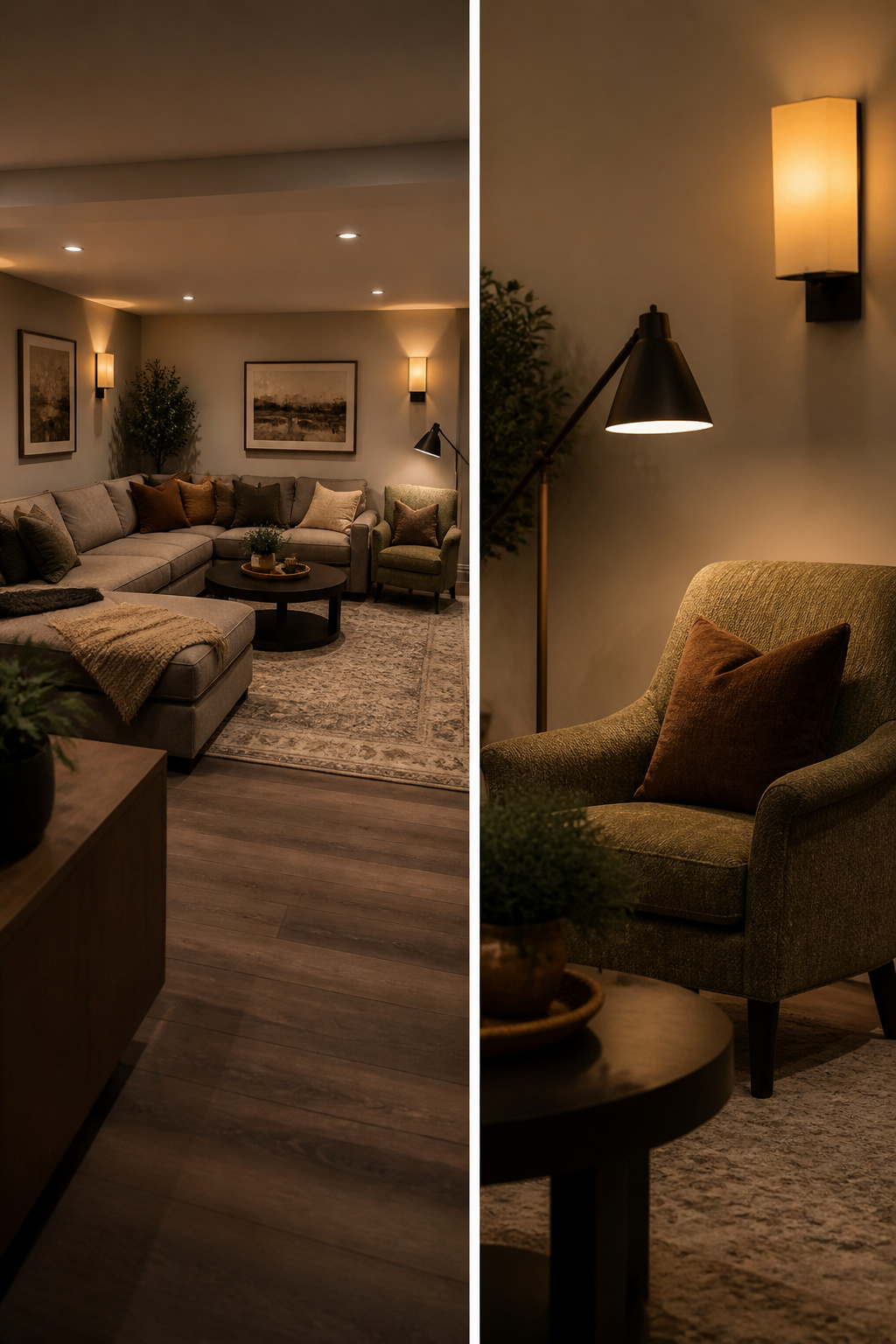 10 Basement Living Room Ideas for a Brighter, Cozier Space in 2026 4 Layered lighting including recessed lights and floor lamps in a basement.