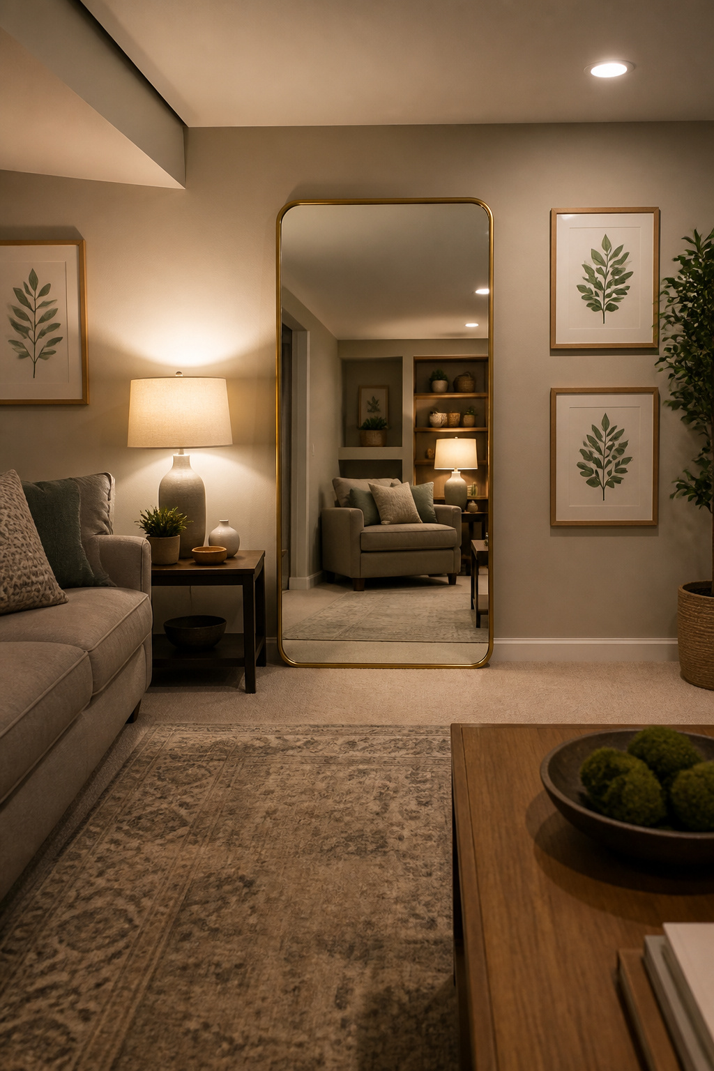 10 Basement Living Room Ideas for a Brighter, Cozier Space in 2026 7 Elegant mirror reflecting light in a cozy basement.