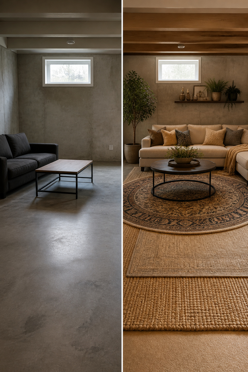 10 Basement Living Room Ideas for a Brighter, Cozier Space in 2026 9 Large area rugs placed on a basement floor.