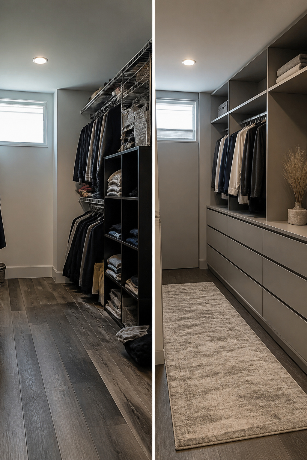 Basement Walk-In Closet Ideas for a Sleek, Modern Look 10 A basement walk-in closet with matching cabinetry and storage solutions.