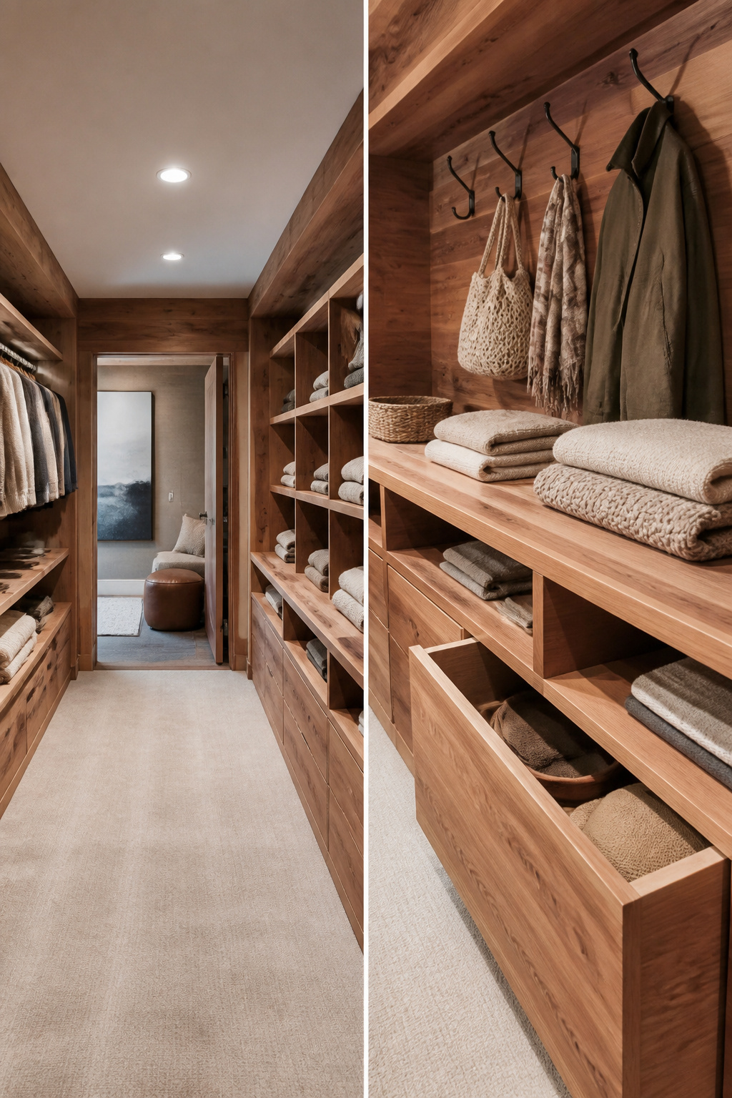 Basement Walk-In Closet Ideas for a Sleek, Modern Look 3 A basement walk-in closet with open shelves and hooks for easy access.