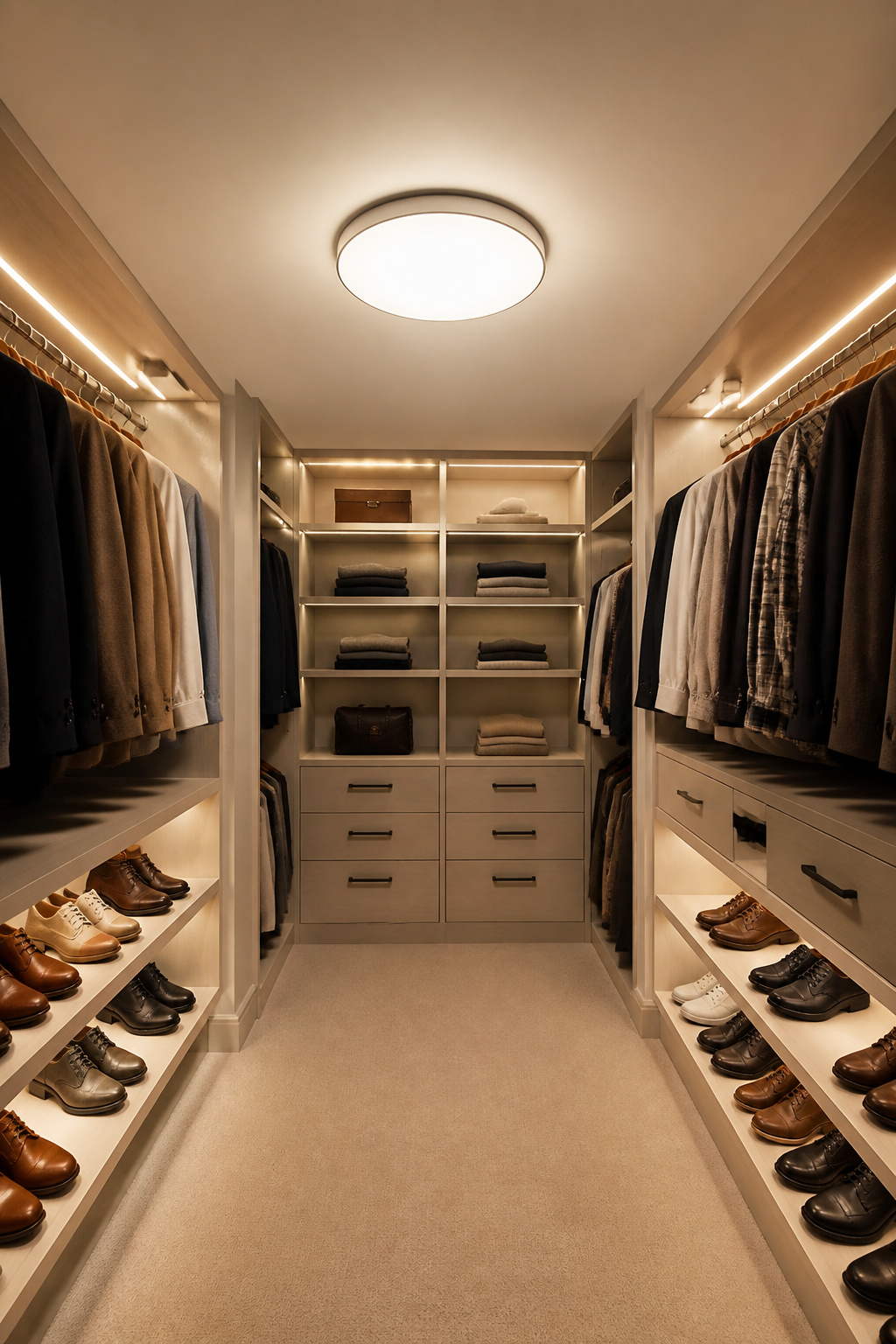 Basement Walk-In Closet Ideas for a Sleek, Modern Look 4 A basement walk-in closet featuring a flush-mount ceiling light.