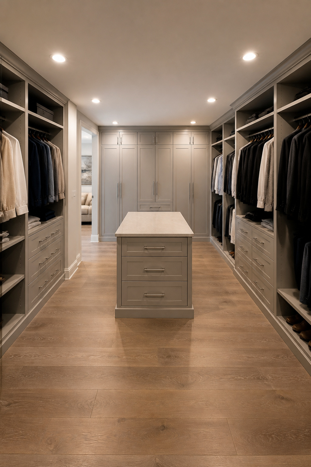 Basement Walk-In Closet Ideas for a Sleek, Modern Look 5 A central island in a basement walk-in closet with storage drawers.
