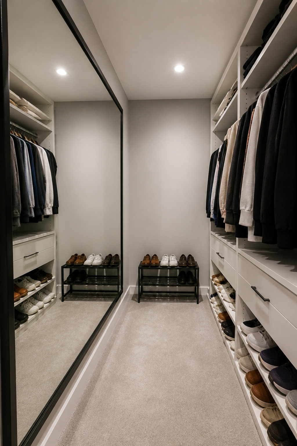 Basement Walk-In Closet Ideas for a Sleek, Modern Look 6 A large mirror mounted on the wall of a basement walk-in closet.