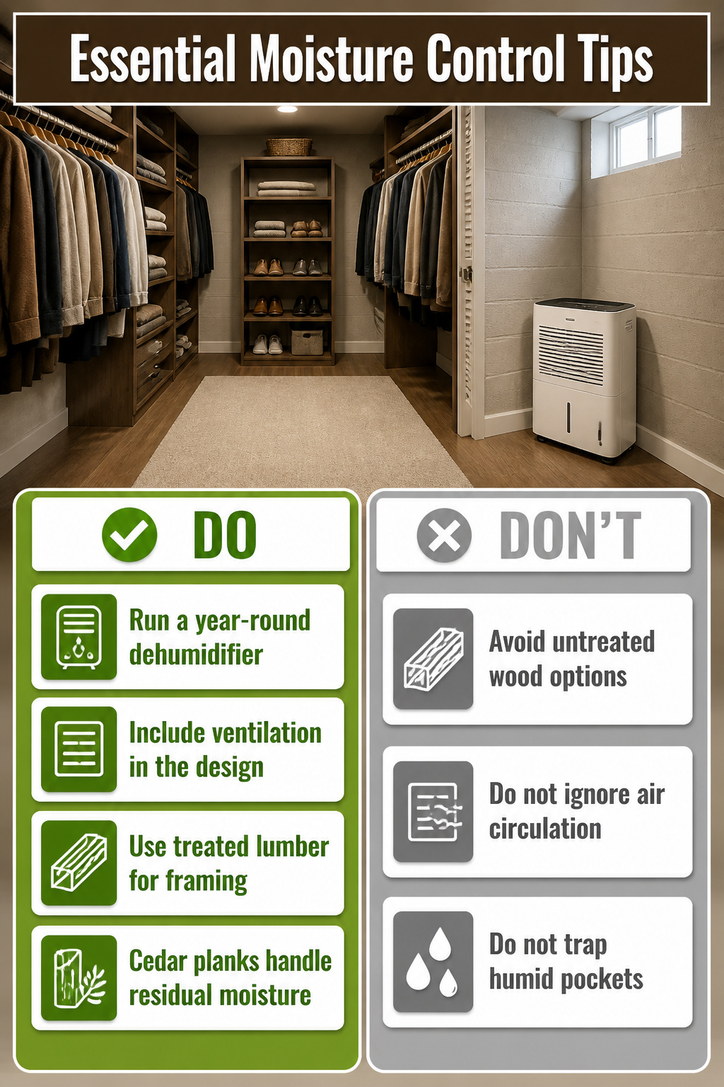 Basement Walk-In Closet Ideas for a Sleek, Modern Look 7 Information image on moisture control tips for basement closets.