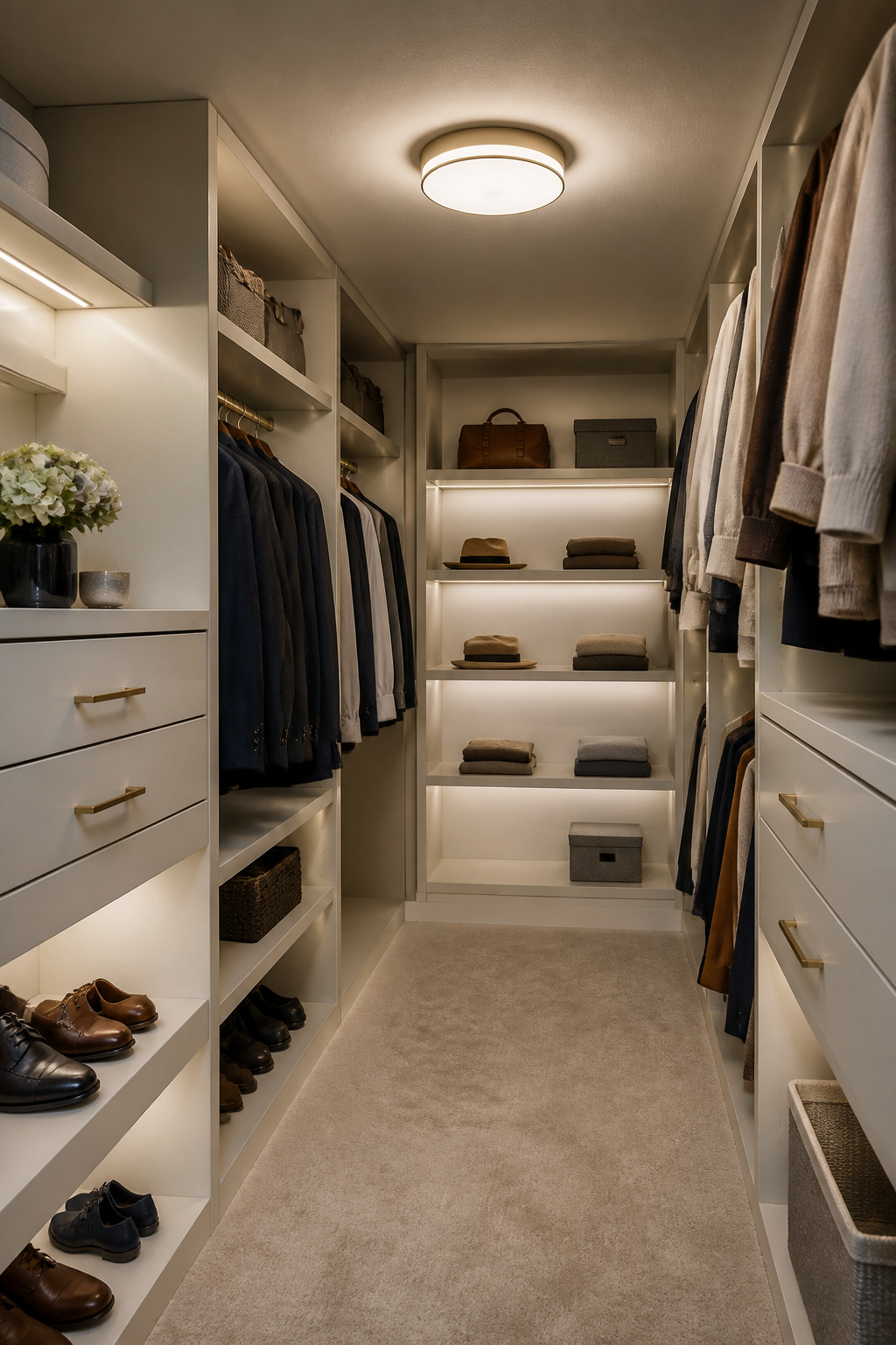 Basement Walk-In Closet Ideas for a Sleek, Modern Look 9 A basement walk-in closet with warm lighting and highlighted shelving.