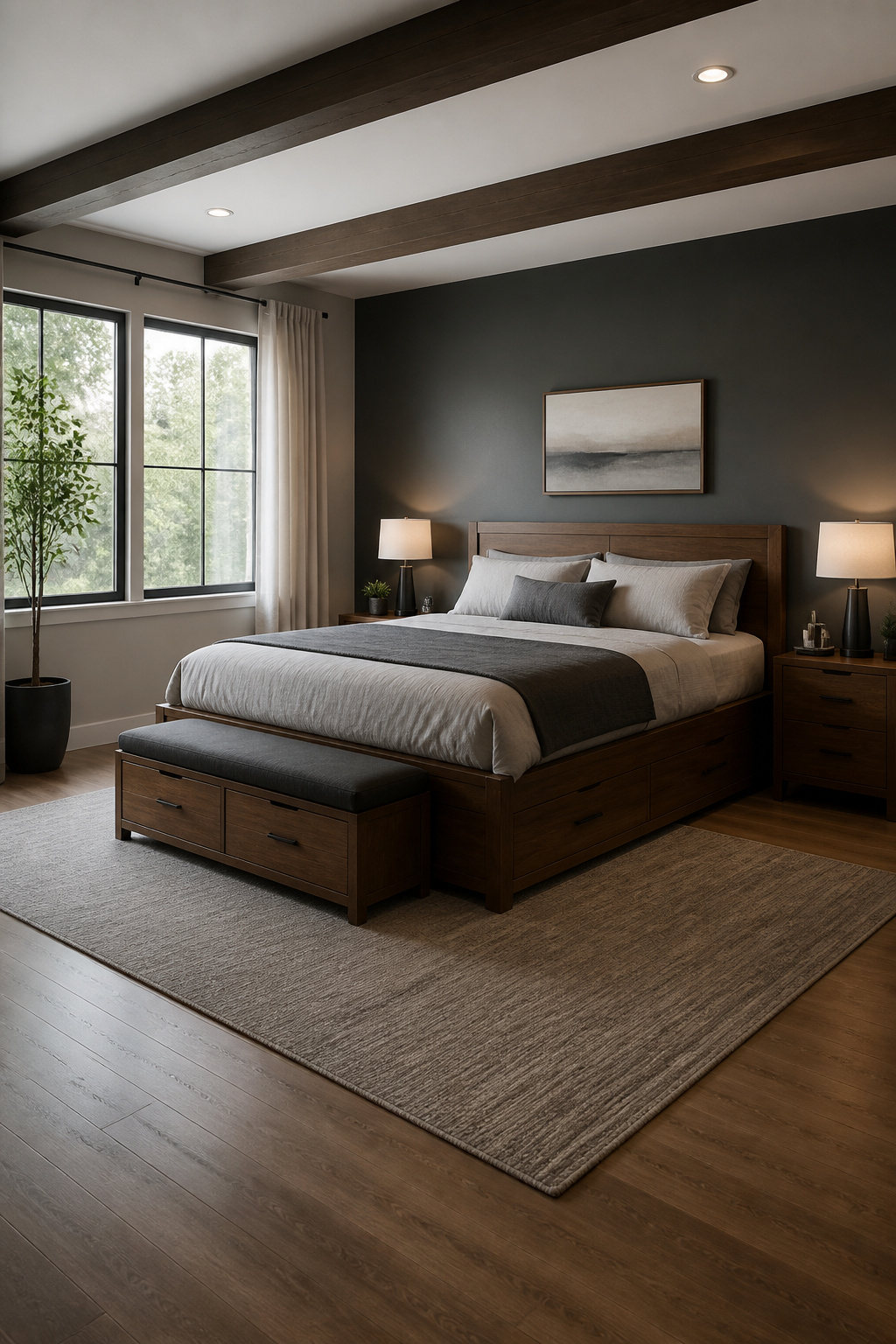 15 Bedroom Ideas for Men That Balance Style and Function 10 A platform bed with drawers for storage in a bedroom.