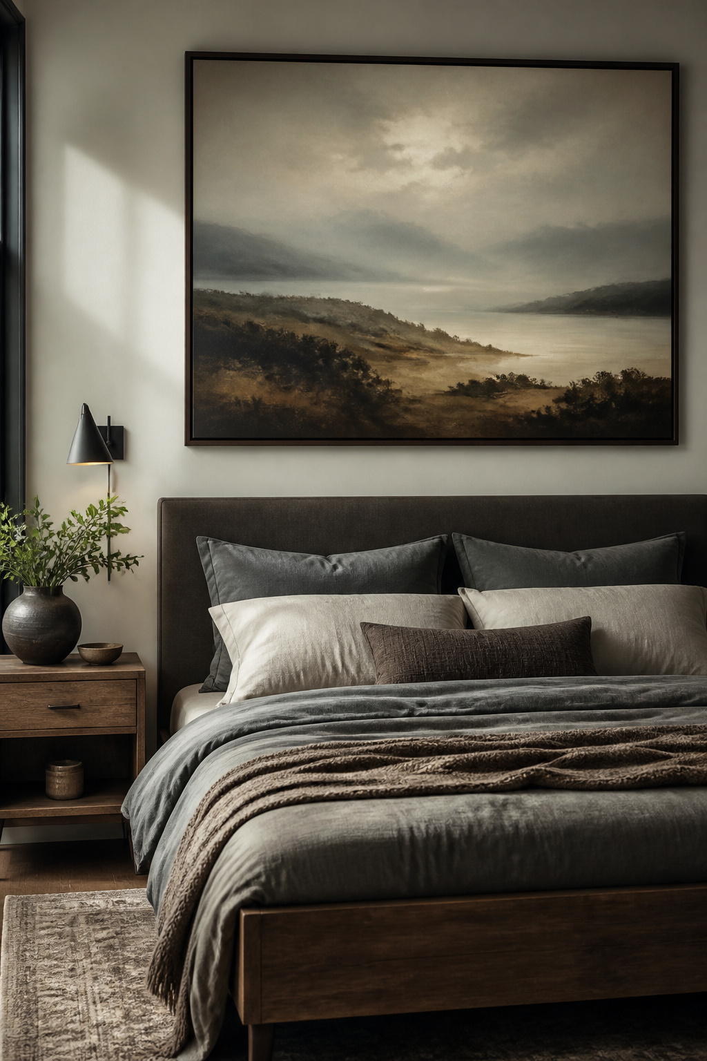 15 Bedroom Ideas for Men That Balance Style and Function 12 A large piece of artwork hanging above a bed.