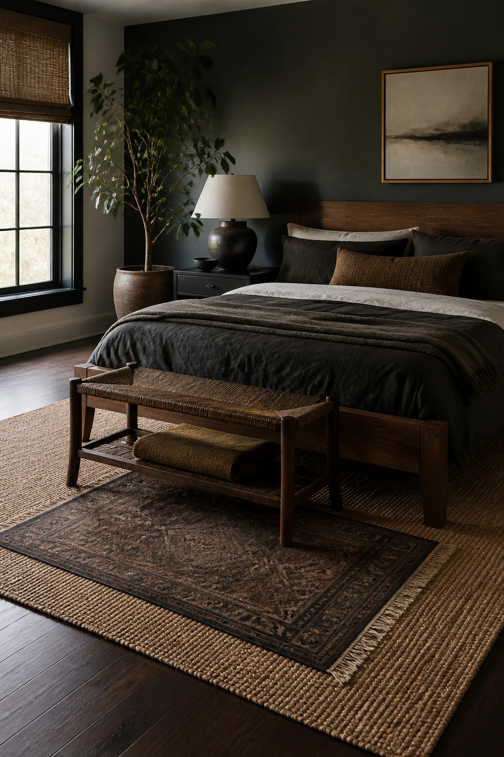 15 Bedroom Ideas for Men That Balance Style and Function 14 An 8x10 low-pile area rug under a bed.