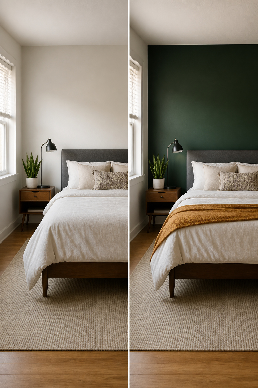 15 Bedroom Ideas for Men That Balance Style and Function 3 A bedroom with one green accent wall behind the bed.