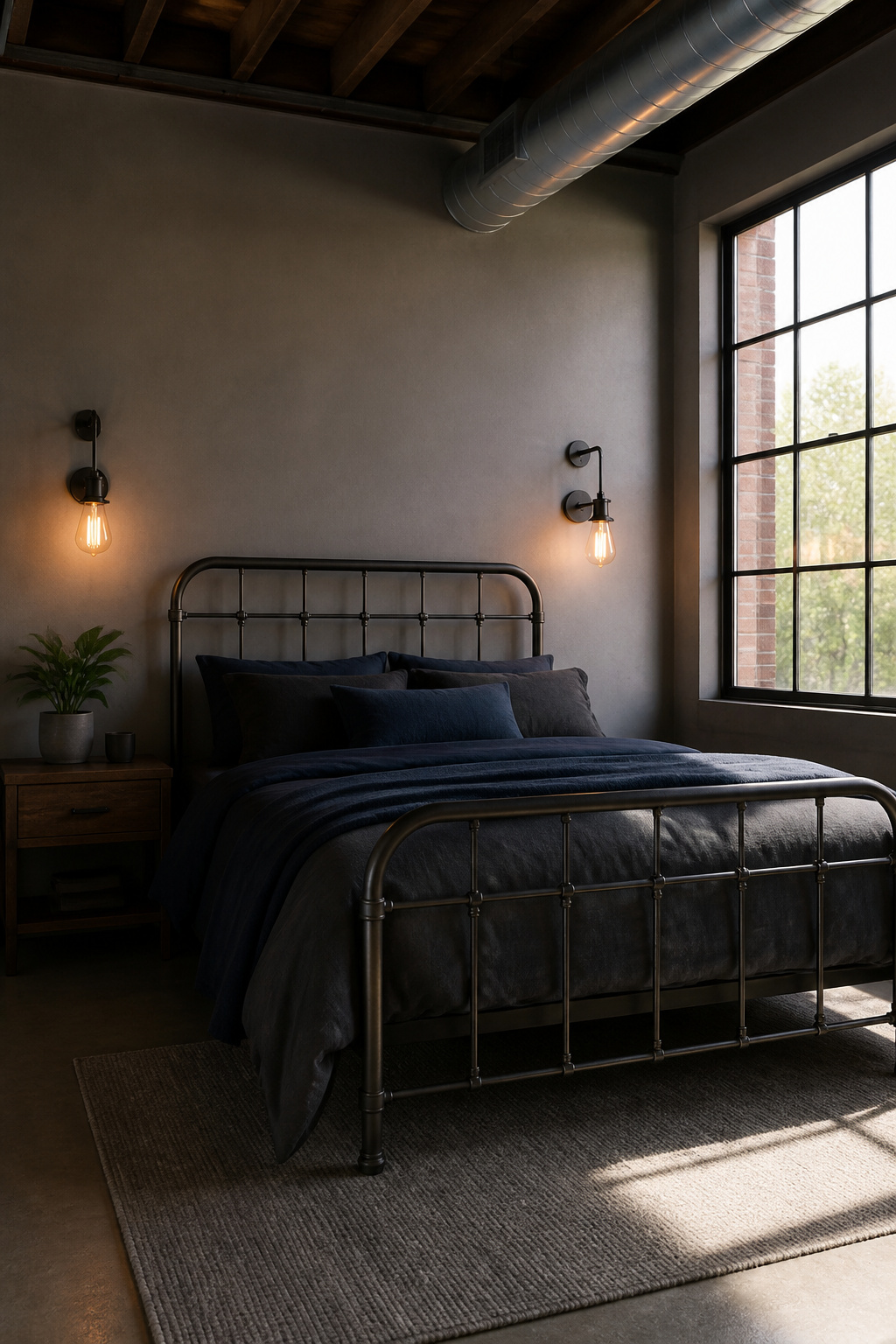 15 Bedroom Ideas for Men That Balance Style and Function 6 A bedroom featuring a metal bed frame and Edison bulb lighting.