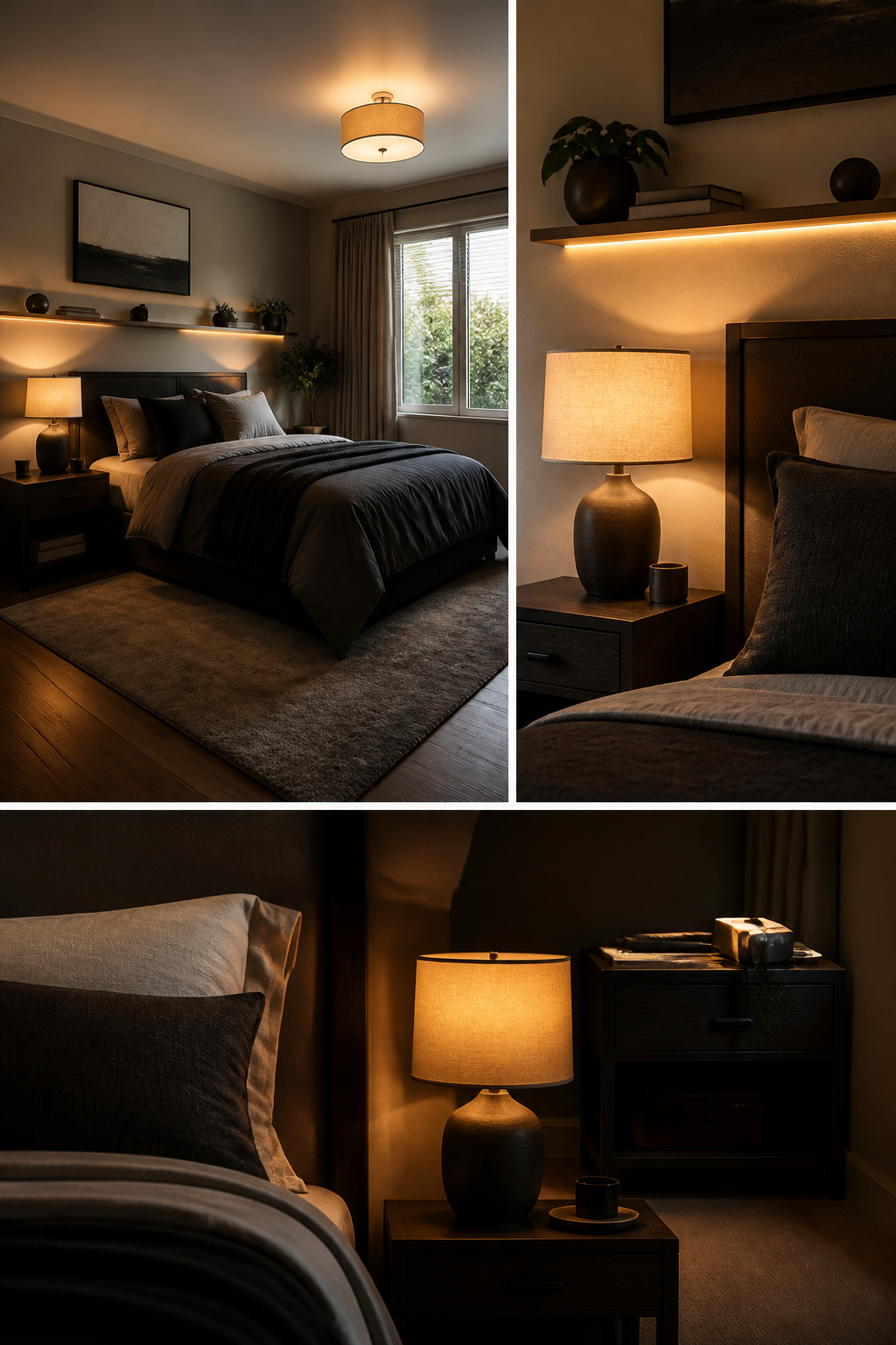 15 Bedroom Ideas for Men That Balance Style and Function 7 A bedroom illuminated with ambient, task, and accent lighting.
