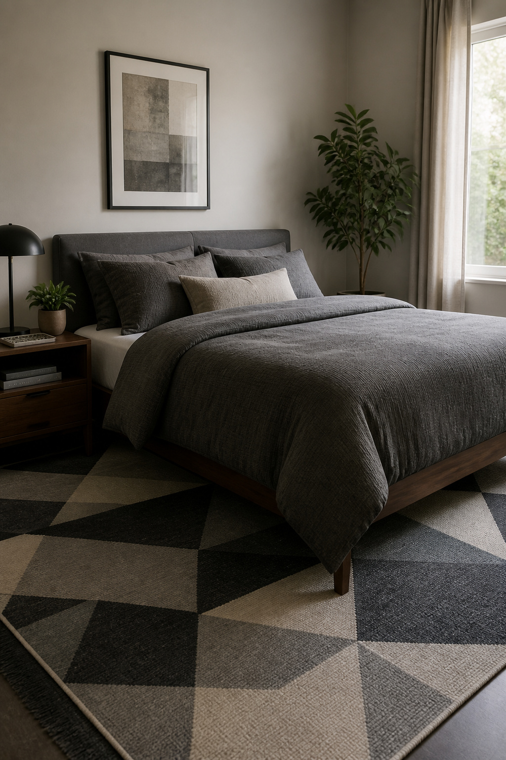 15 Bedroom Ideas for Men That Balance Style and Function 8 A geometric patterned rug under a bed in a bedroom.