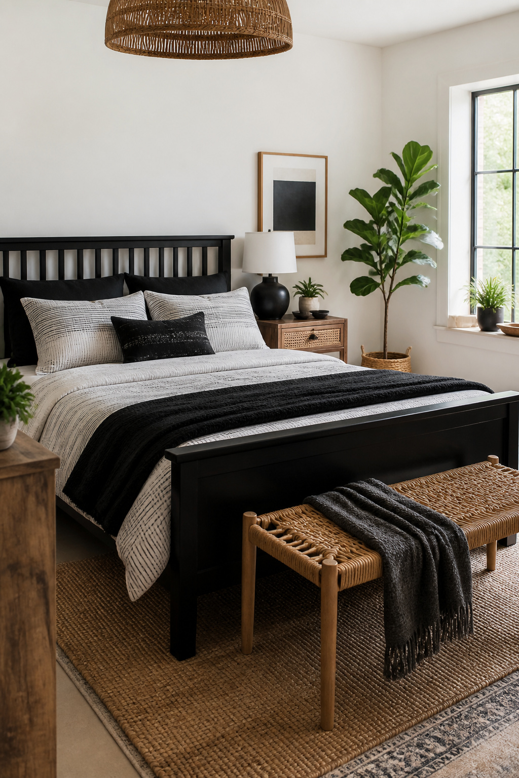 Sleek Bohemian bedroom with a black bed frame and warm wood nightstand.