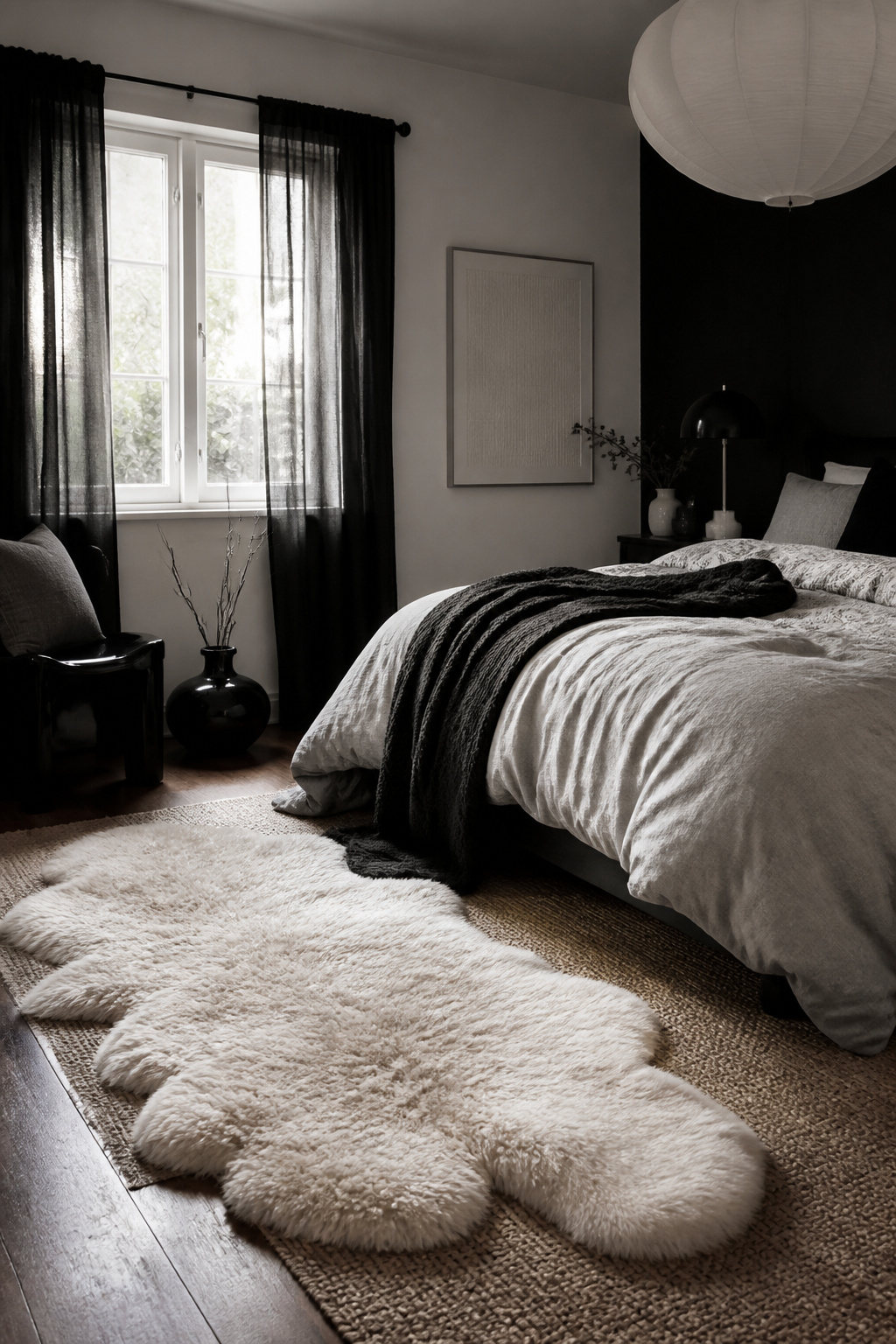 Black and white bedroom with plush rugs and varied textiles.