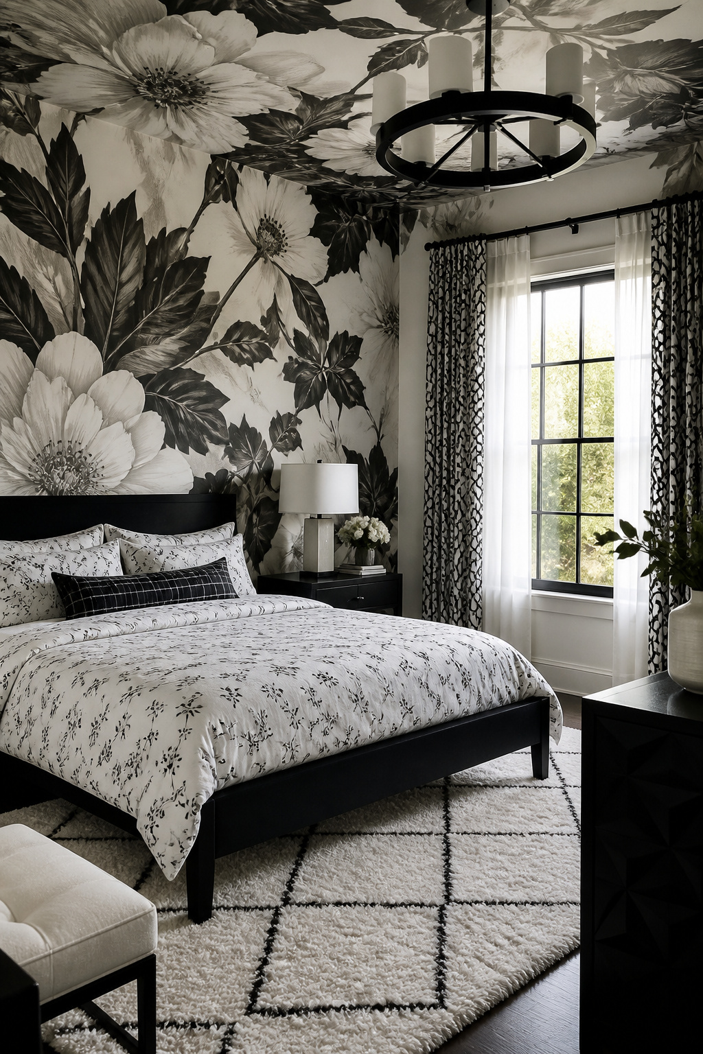 Bold Patterns bedroom with a floral mural and patterned bedding.