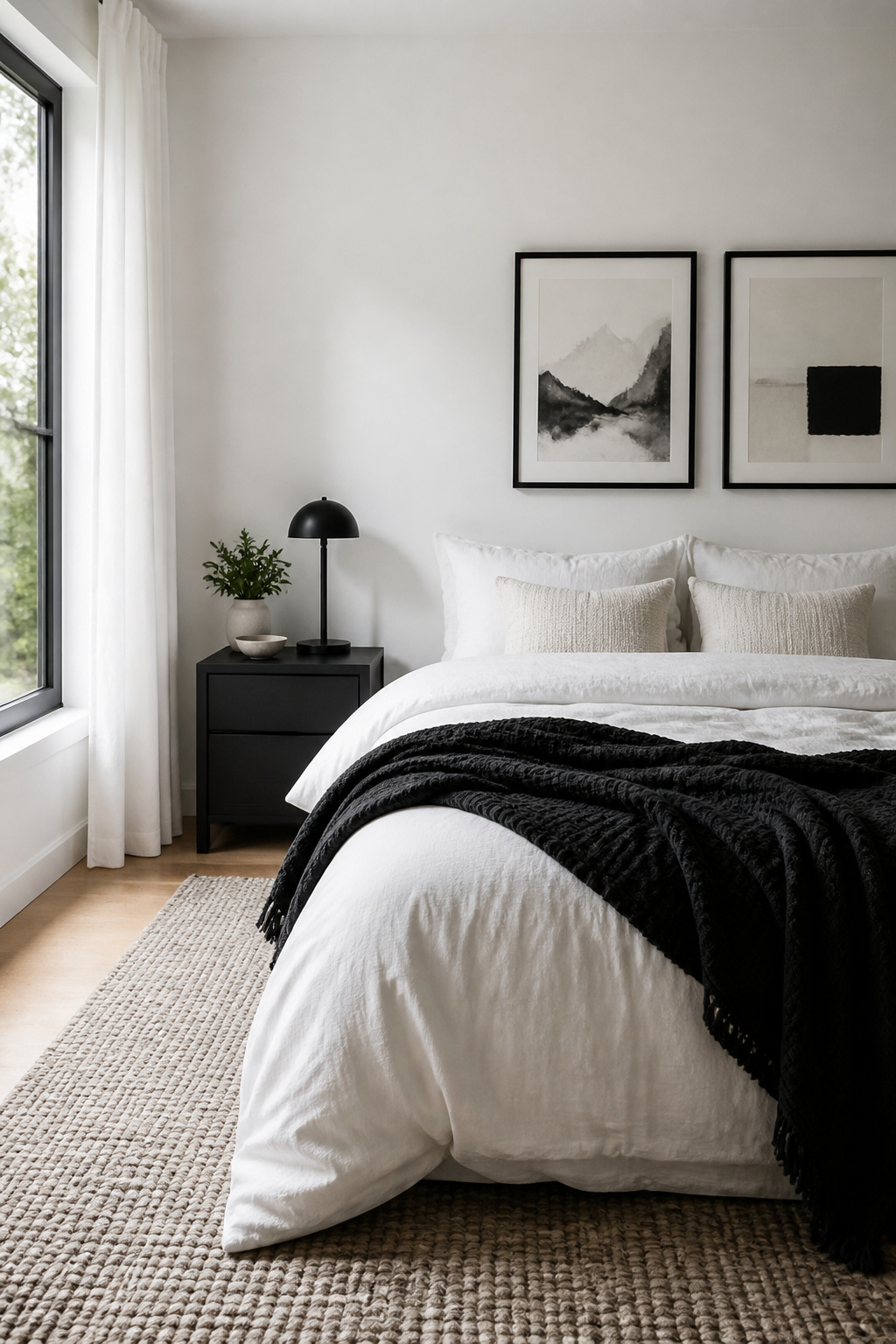 Serene bedroom with white walls and black accent pieces.