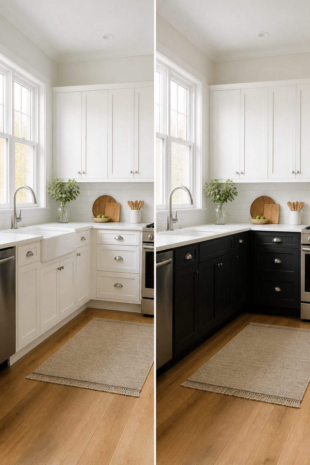 Kitchen with white upper cabinets and black lower cabinets.