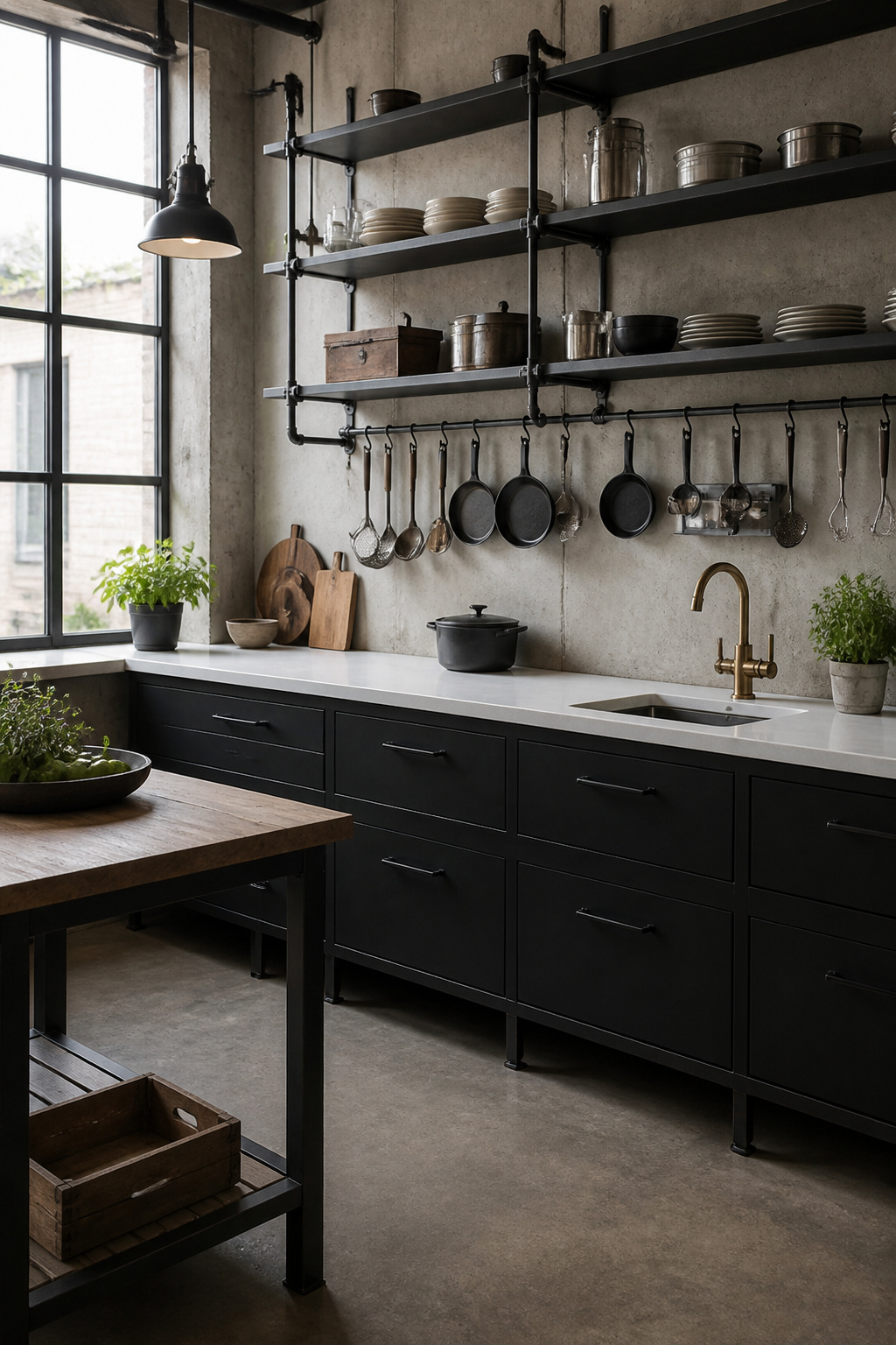 Kitchen featuring black iron shelving and white quartz countertops.