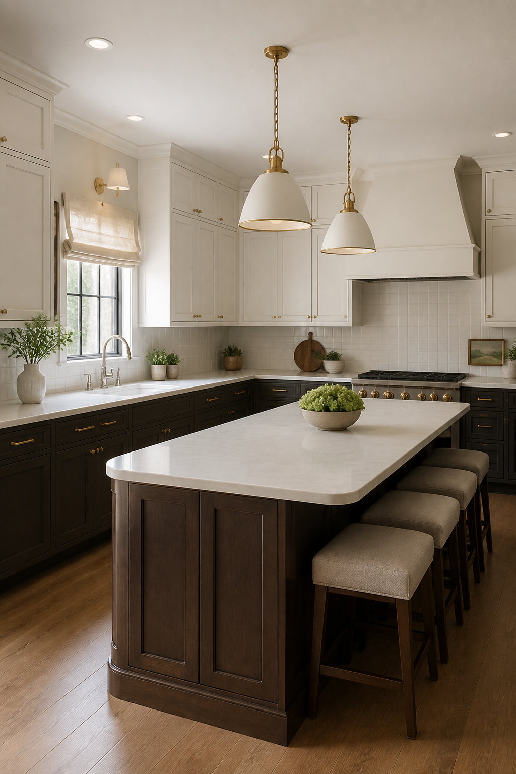 Kitchen with a mix of chrome and brass hardware on cabinets.