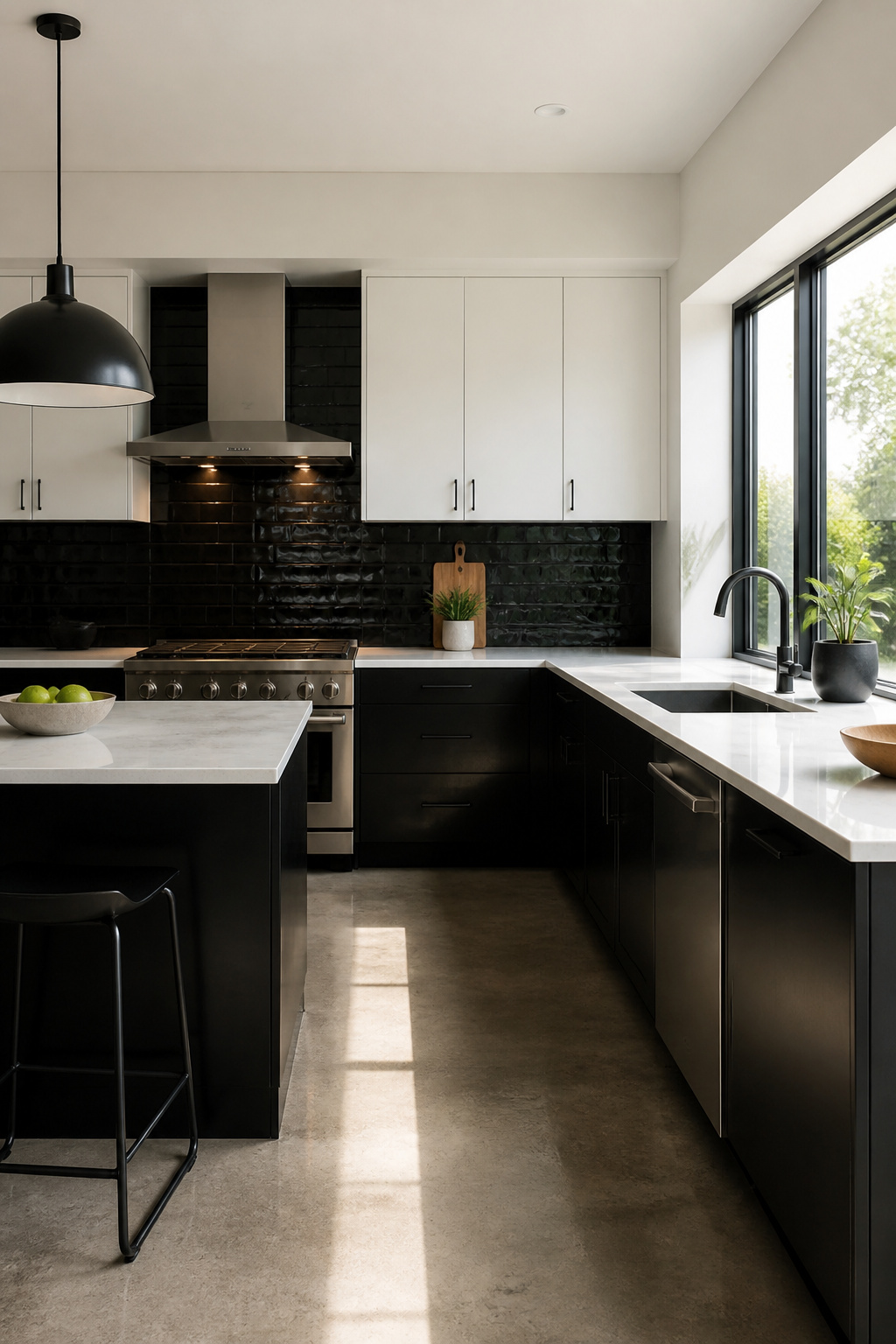 Kitchen featuring a black backsplash and light-colored countertops.