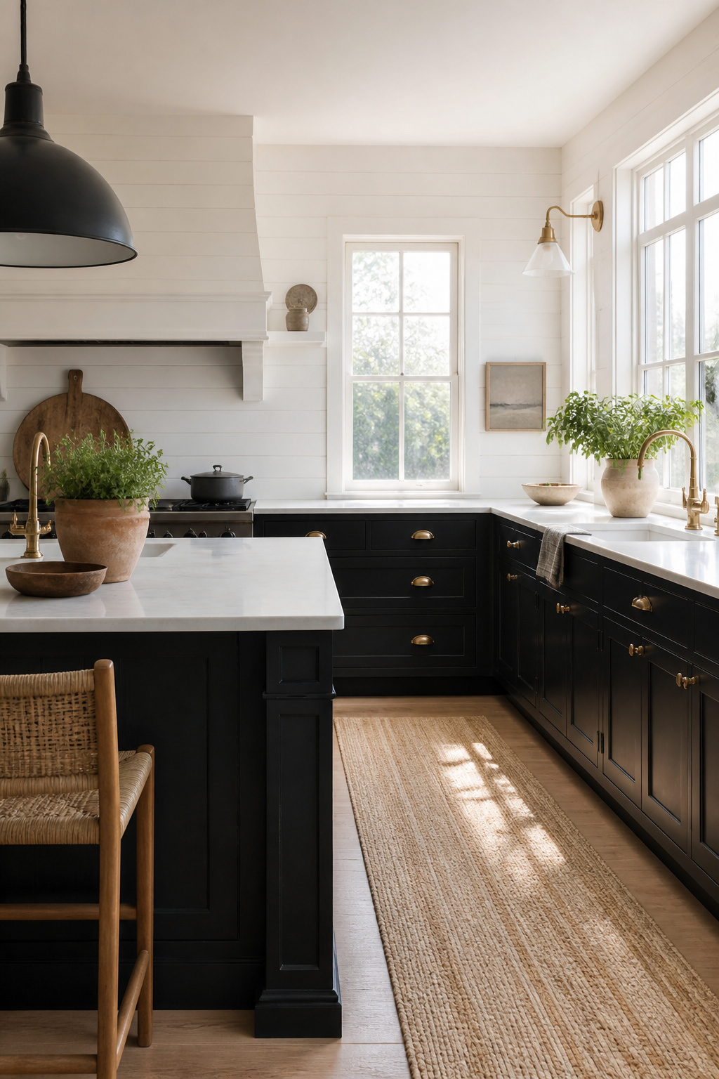 Coastal-inspired kitchen with black cabinetry and white shiplap walls.