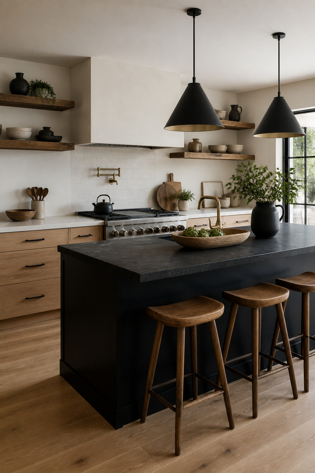 Kitchen with white oak cabinetry and a contrasting black island.