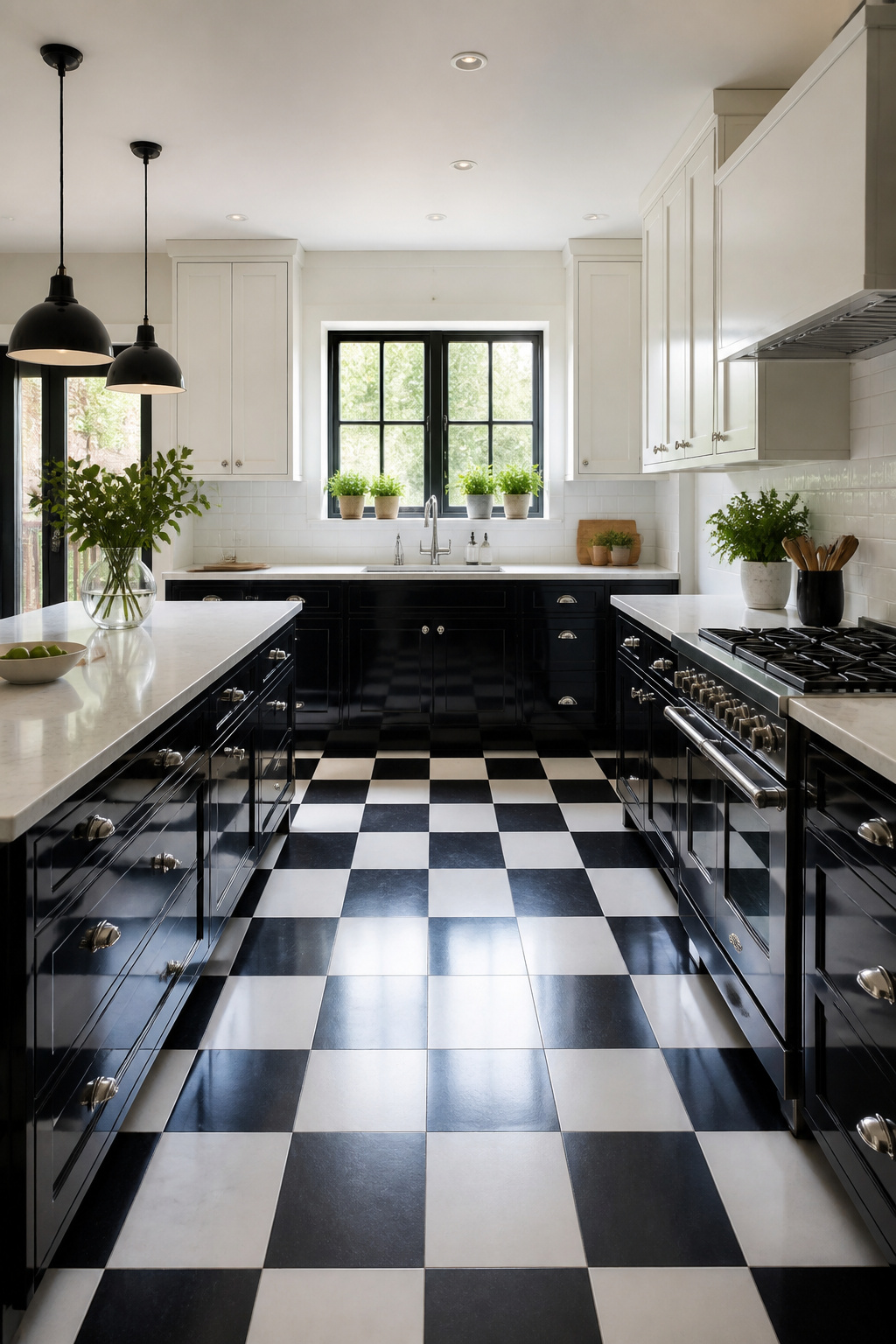 Kitchen with alternating black and white checkerboard flooring.