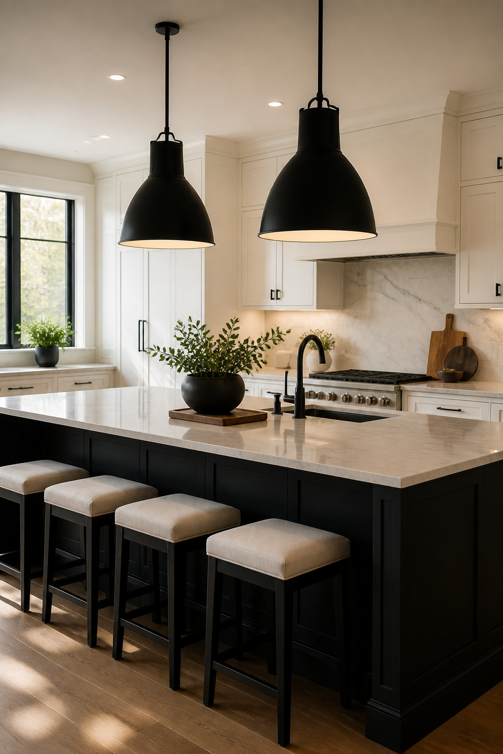 Kitchen featuring oversized pendant lights above the island.