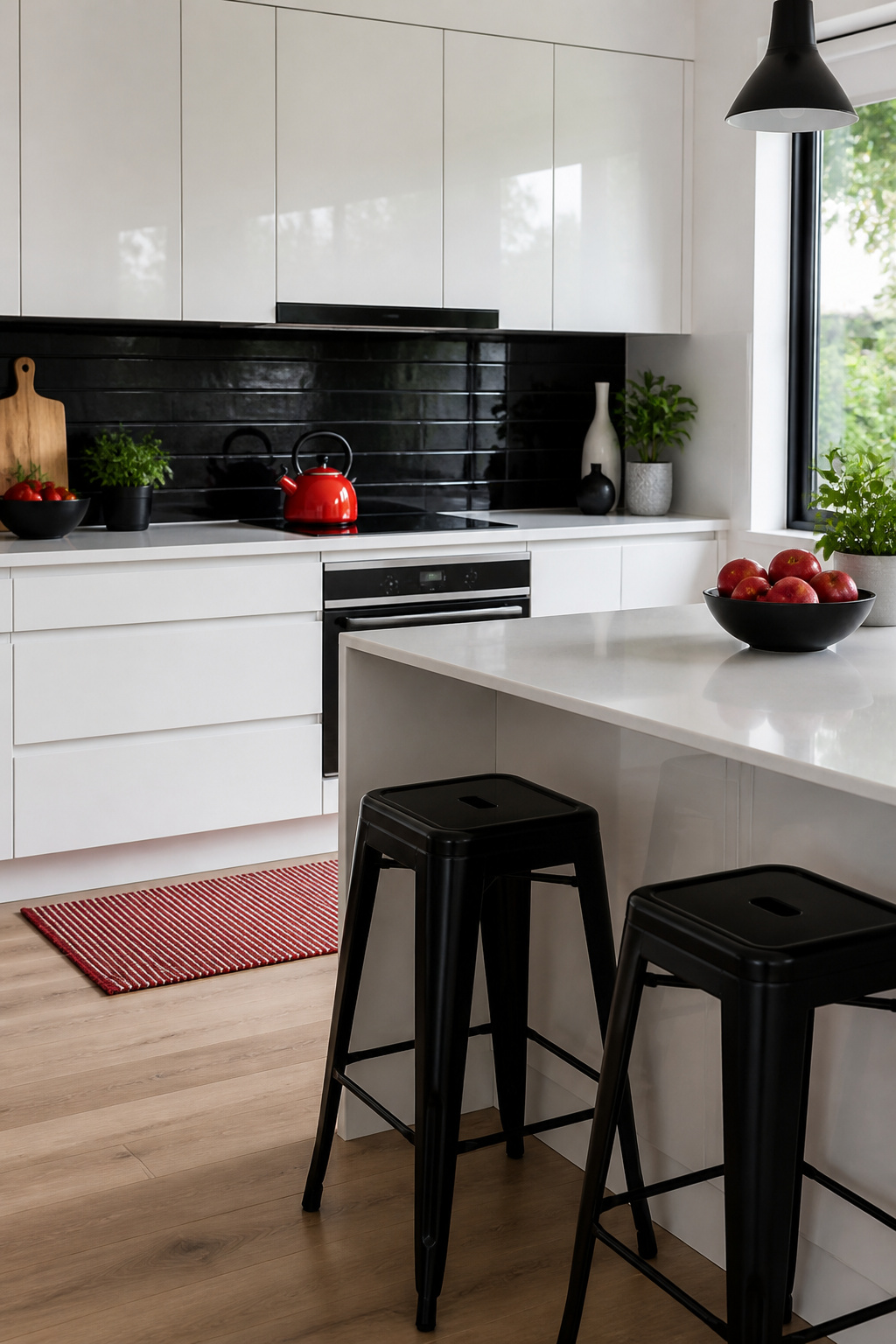 Kitchen featuring a red kettle against black and white cabinetry.