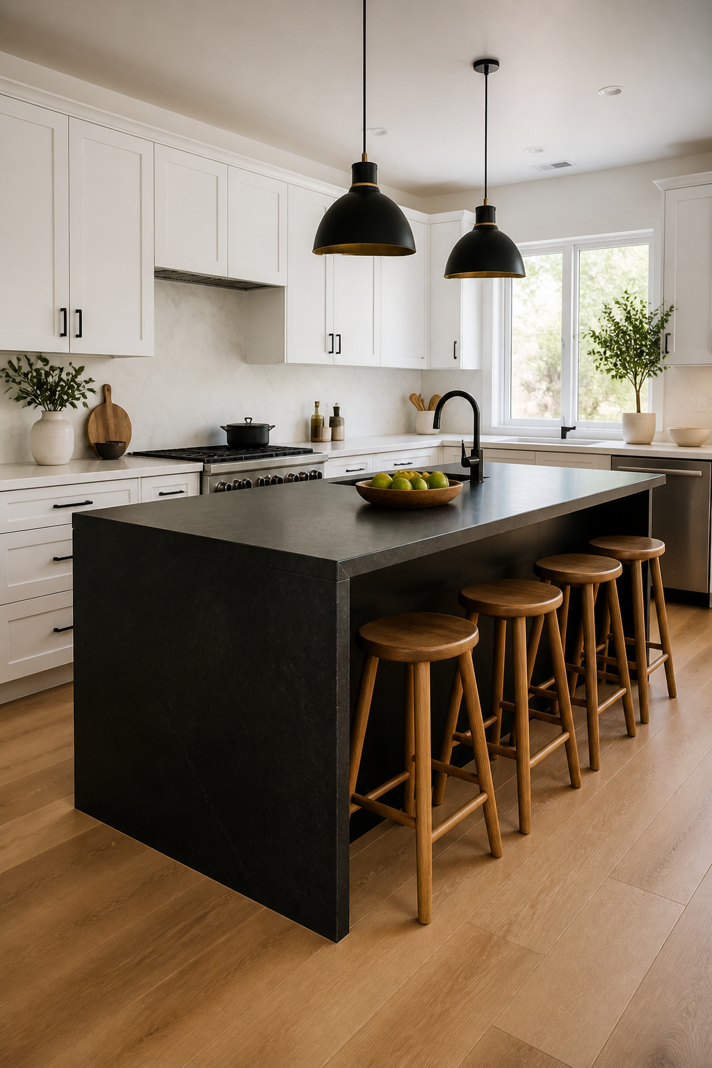 Bold black kitchen island surrounded by white cabinets.