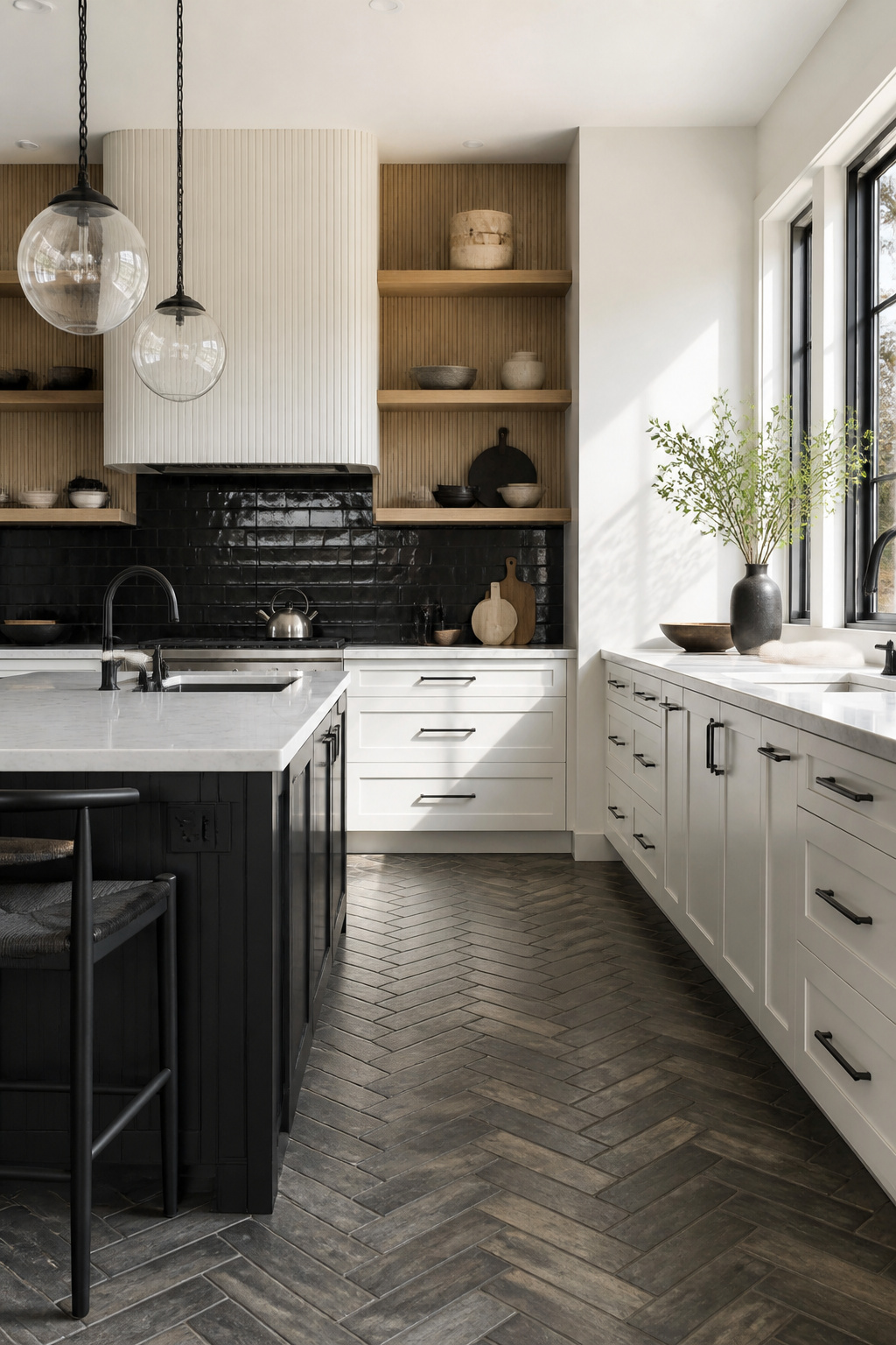 Kitchen showcasing textured surfaces with black and white elements.