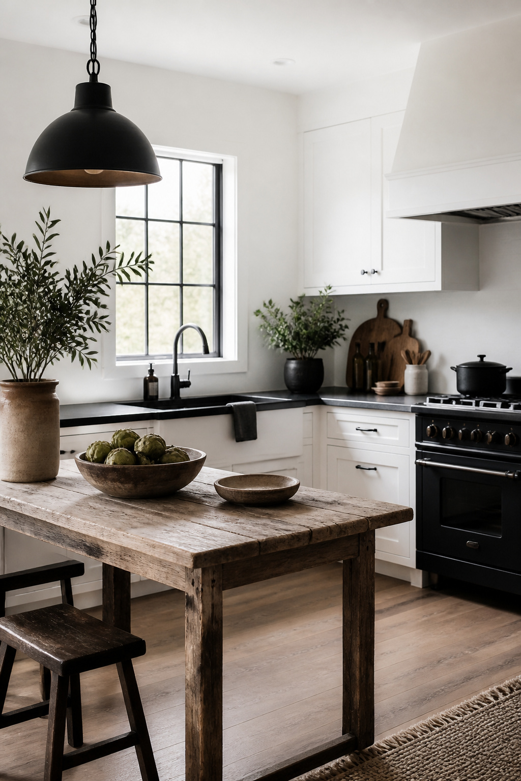 Kitchen featuring a distressed wooden table and matte white cabinets.