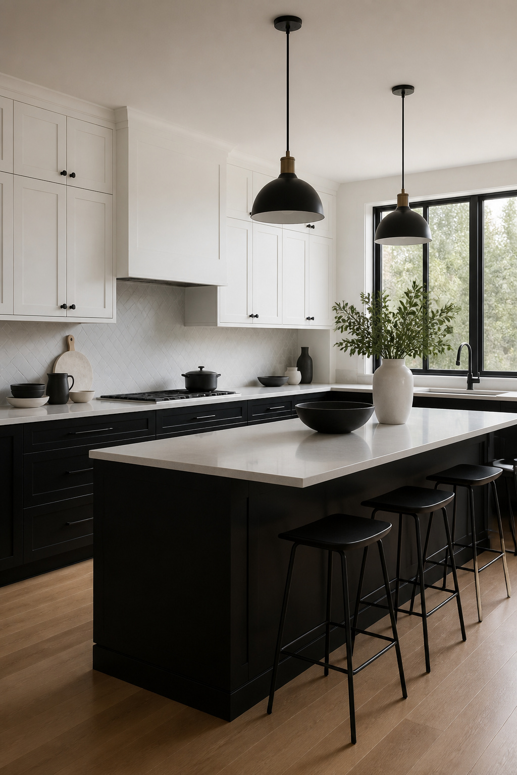 Kitchen with bold black lower cabinets and white upper cabinetry.