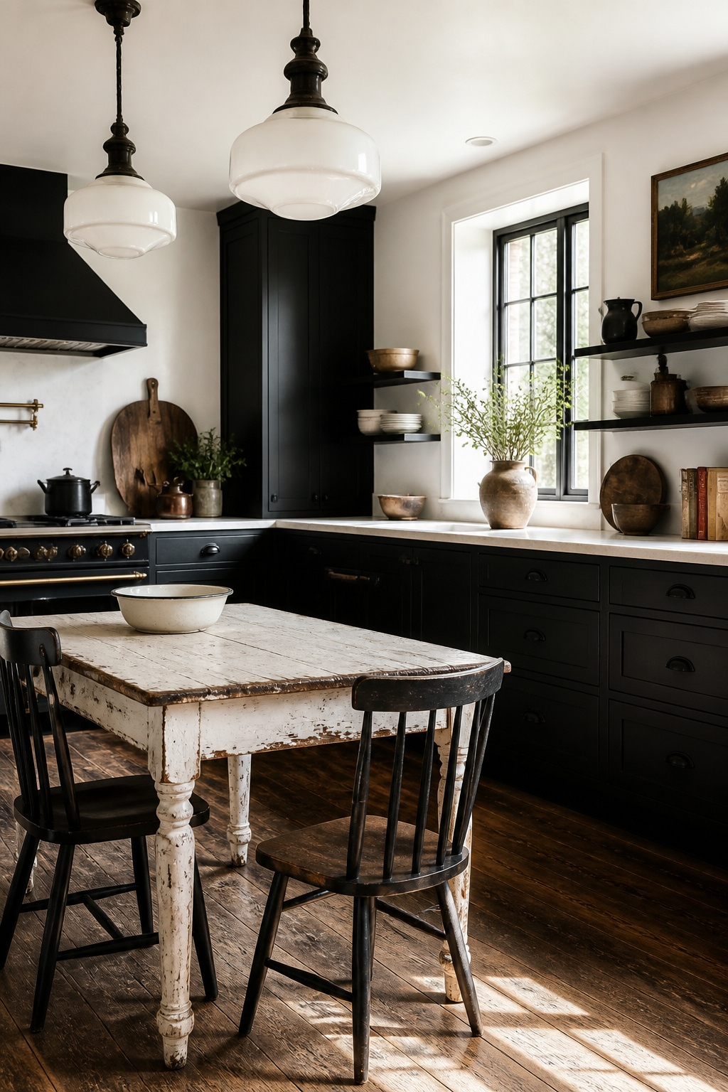 Kitchen featuring a vintage enamel table against black cabinetry.