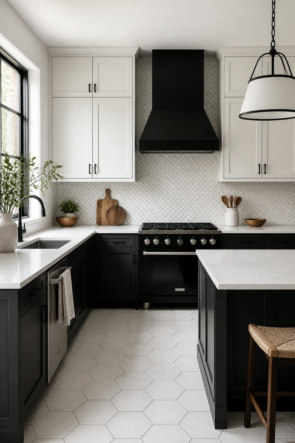 Kitchen with hexagon tiles and herringbone backsplash.