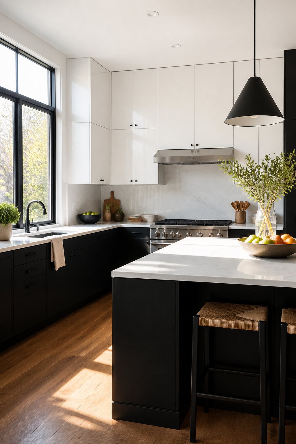 Bright kitchen illuminated by natural light through large windows.