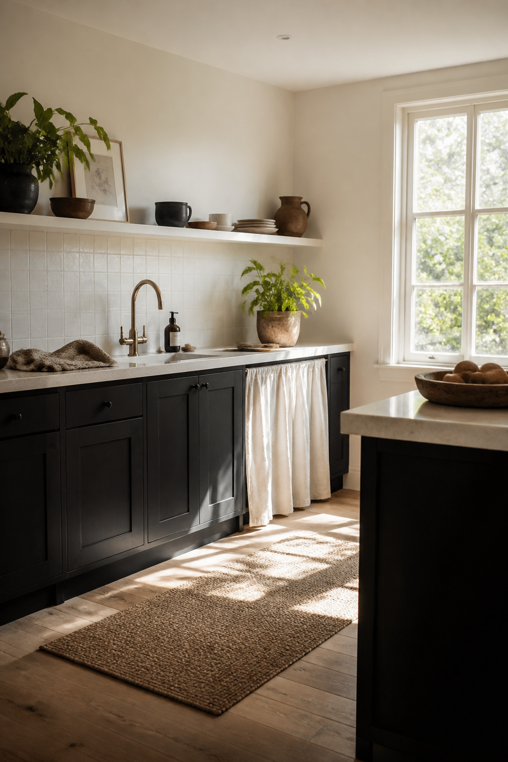 Kitchen with charcoal cabinets and off-white surfaces above.