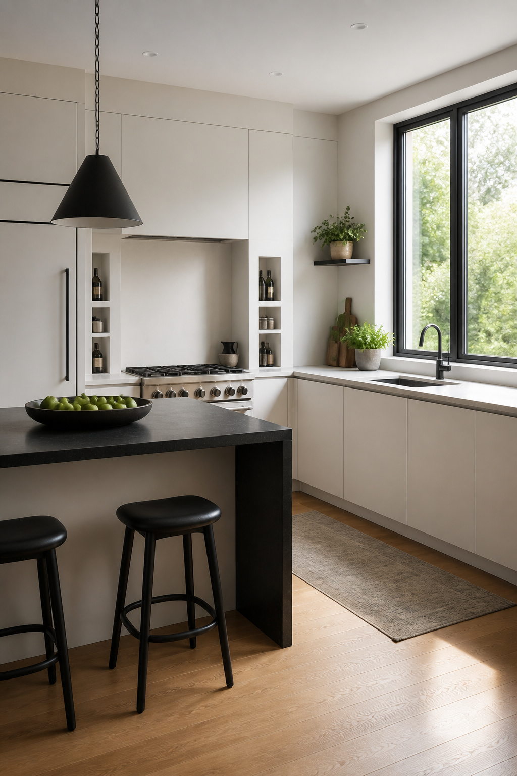 Kitchen featuring built-in niches for spices beside the stove.