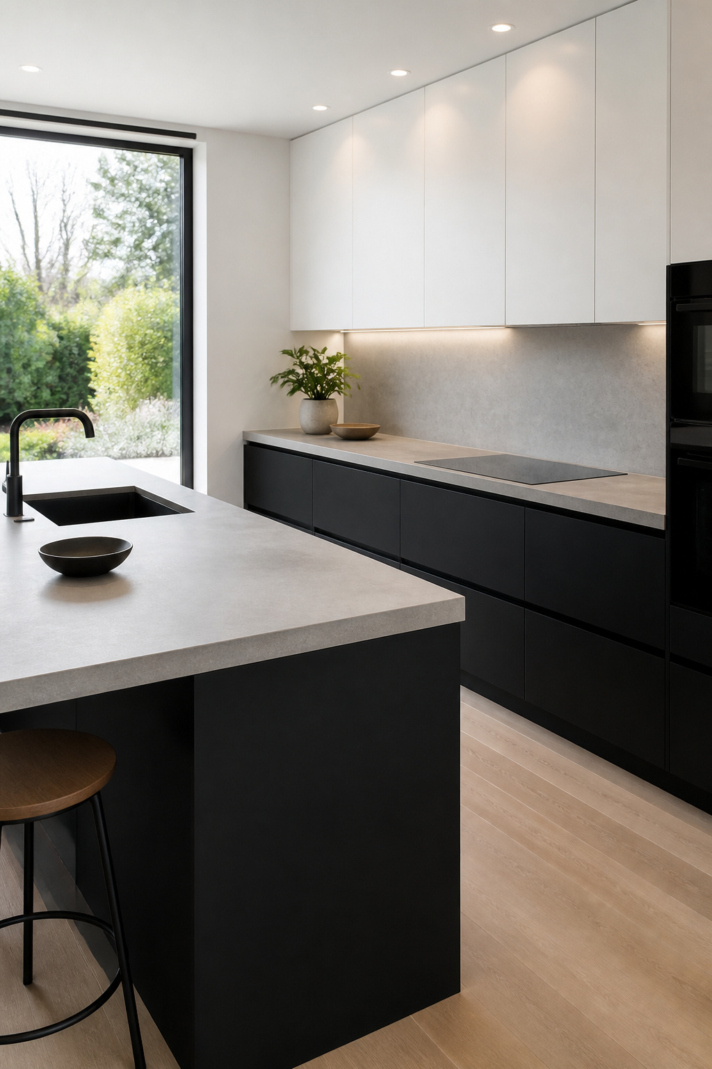 Kitchen featuring black lower cabinets and white upper cabinets.