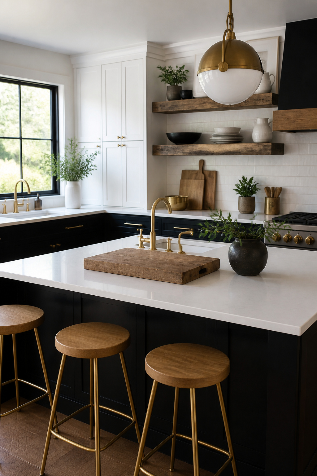 Kitchen showcasing a blend of wood, stone, and metal materials.