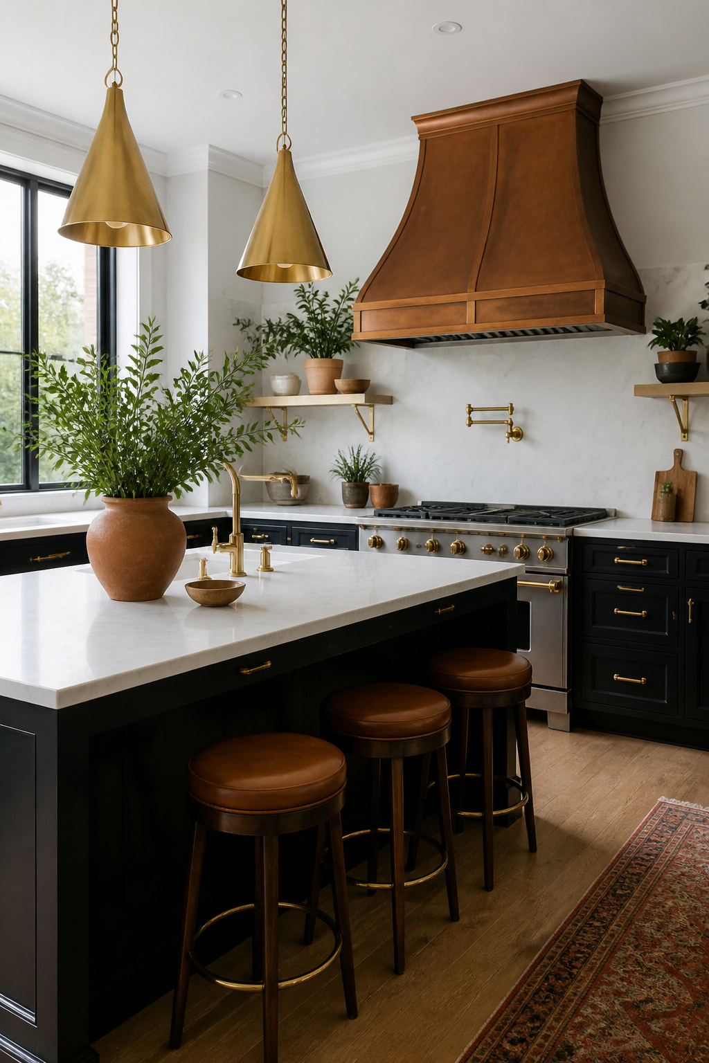 Kitchen featuring polished brass and copper accents.
