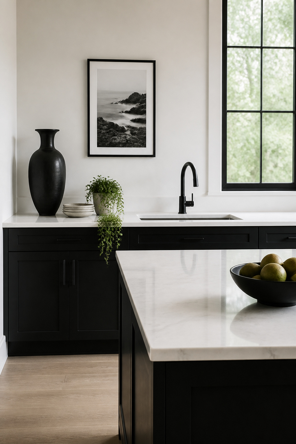 Kitchen countertop with curated decorative accessories.