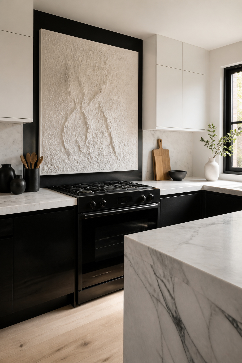Kitchen featuring a large ceramic relief above the stove.