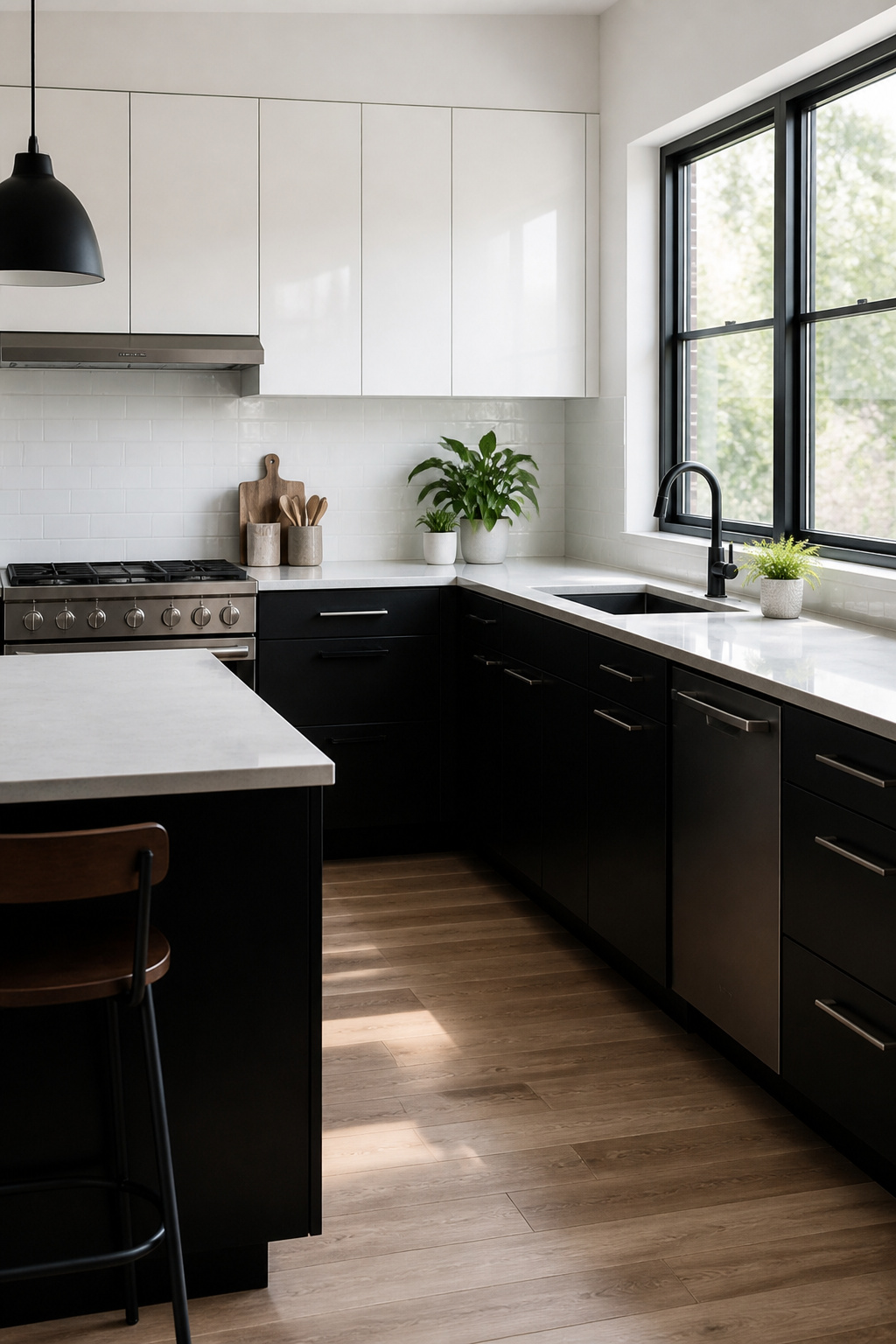 Elegant kitchen with matte black lowers and glossy white uppers.
