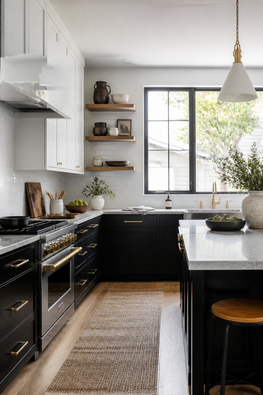 Kitchen showcasing layered textures within a black and white design.